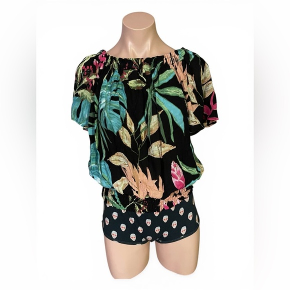 Rachel Rachel Roy Tropical Floral Blouse M Black Palm Leaf Smocked Summer Top